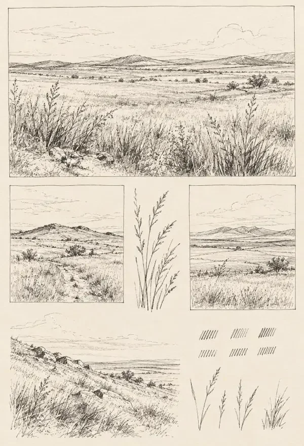 风景的本子作品封面，速写本上的草原风景